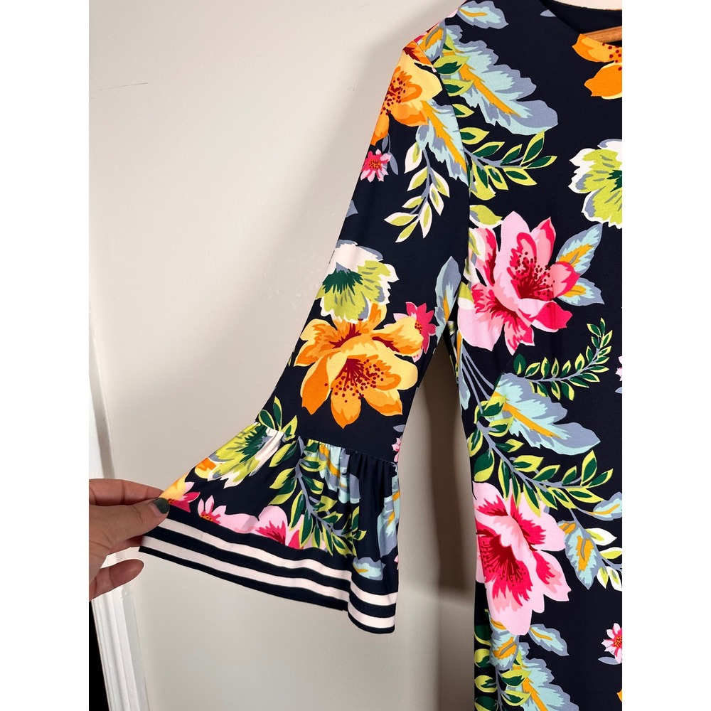 Eliza J Shift Dress Women 6 Navy Blue Floral Striped Bell Sleeve Ruffle Hem - Picture 2 of 7